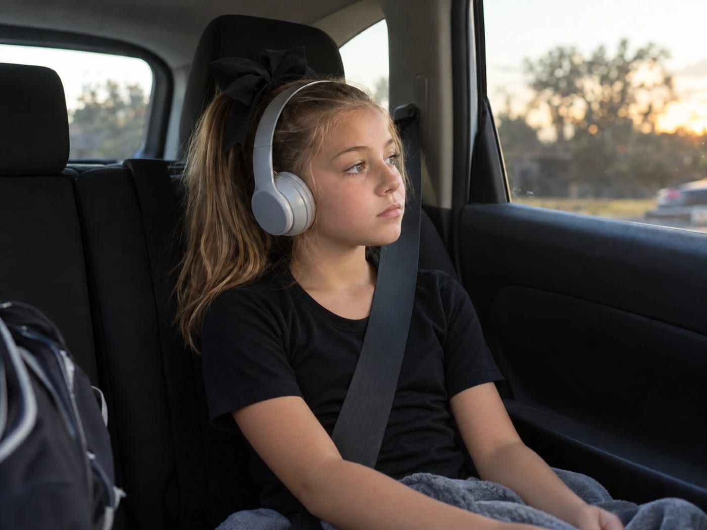 A girl riding home in the back seat of a car at sunset, headphones on and a backpack beside her