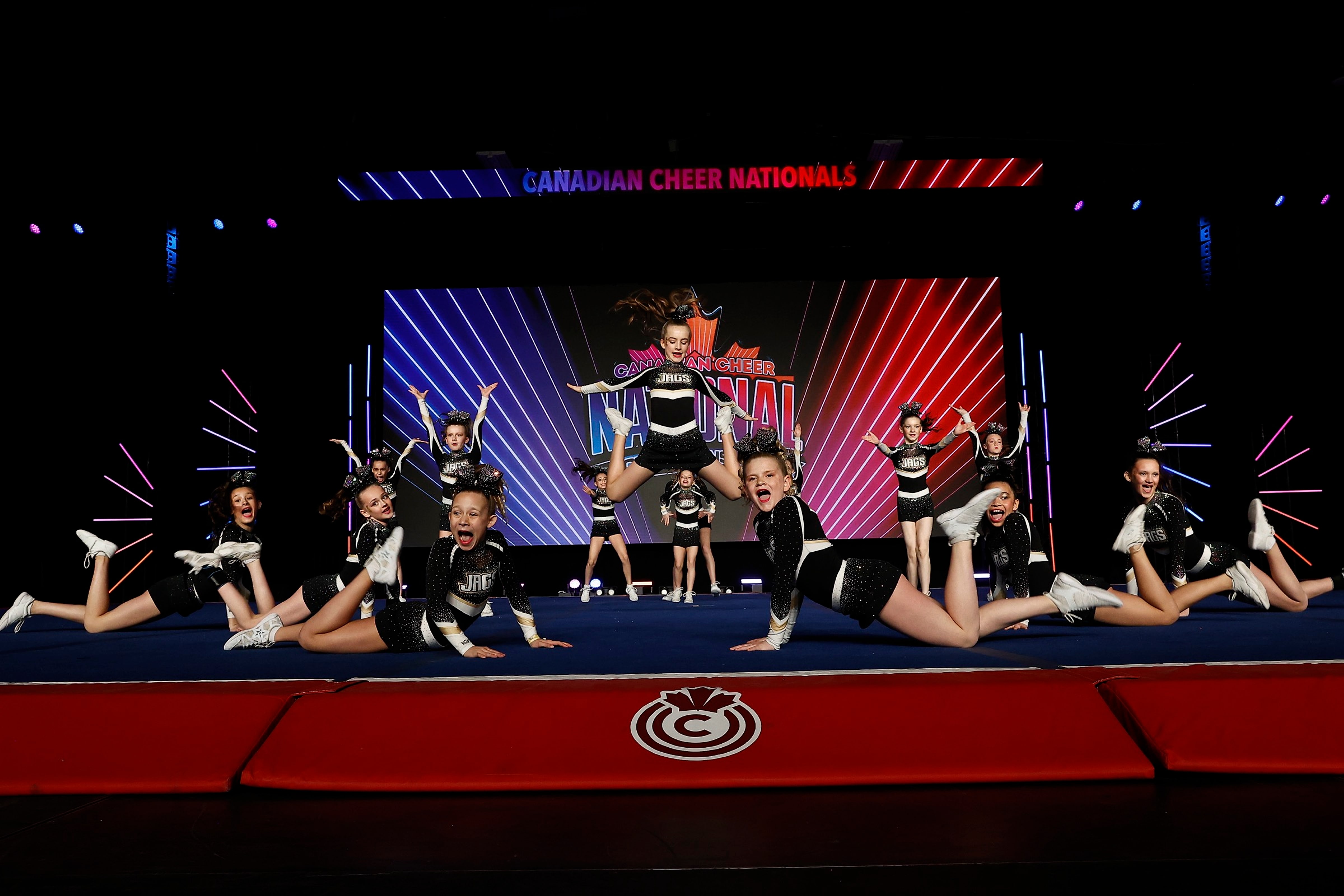 CheerCore Jags athletes on stage at Canadian Cheer Nationals